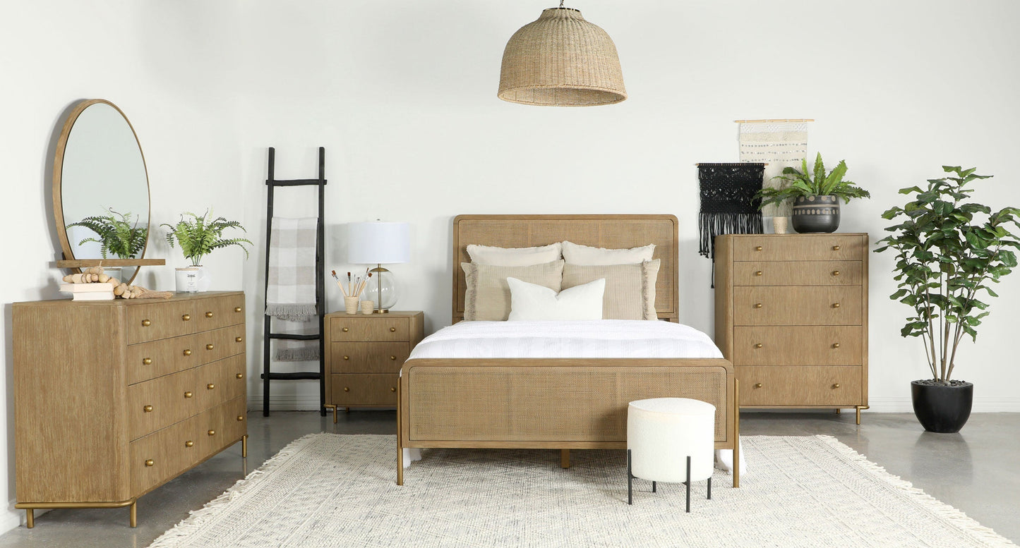 Arini Upholstered Panel Bed Sand Wash and Natural Cane
