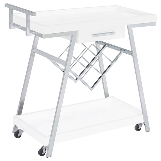 Kinney 2-tier Bar Cart with Storage Drawer White High Gloss and Chrome