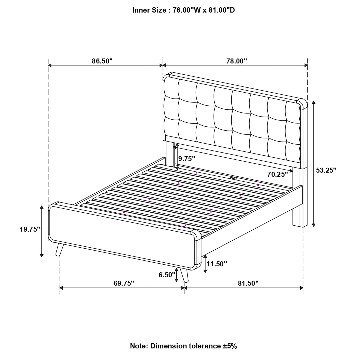 Robyn  Bed with Upholstered Headboard Dark Walnut