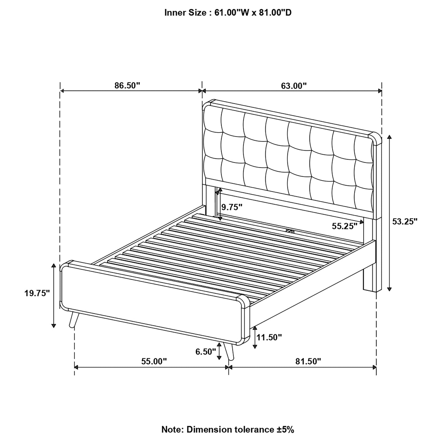 Robyn  Bed with Upholstered Headboard Dark Walnut