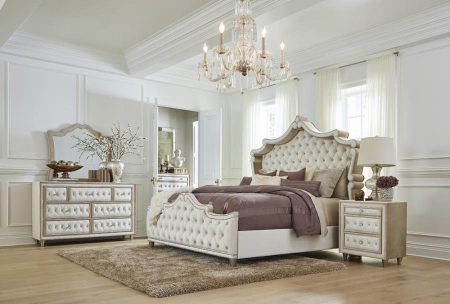 Antonella Upholstered Tufted Bedroom Set Ivory and Camel