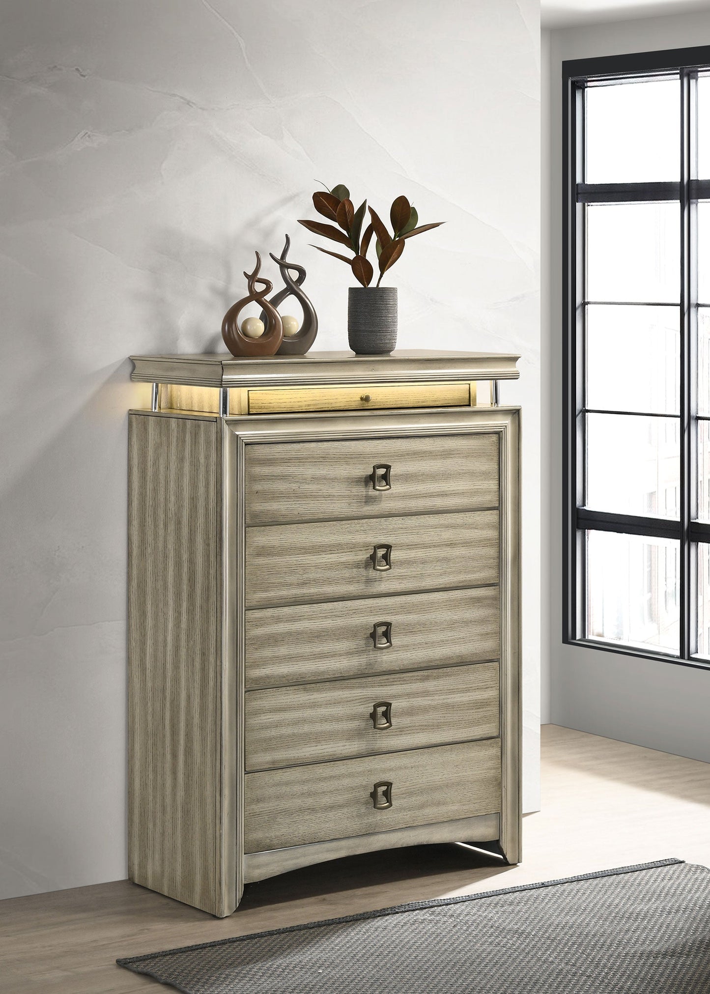 Giselle 6-drawer Bedroom Chest with LED Rustic Beige