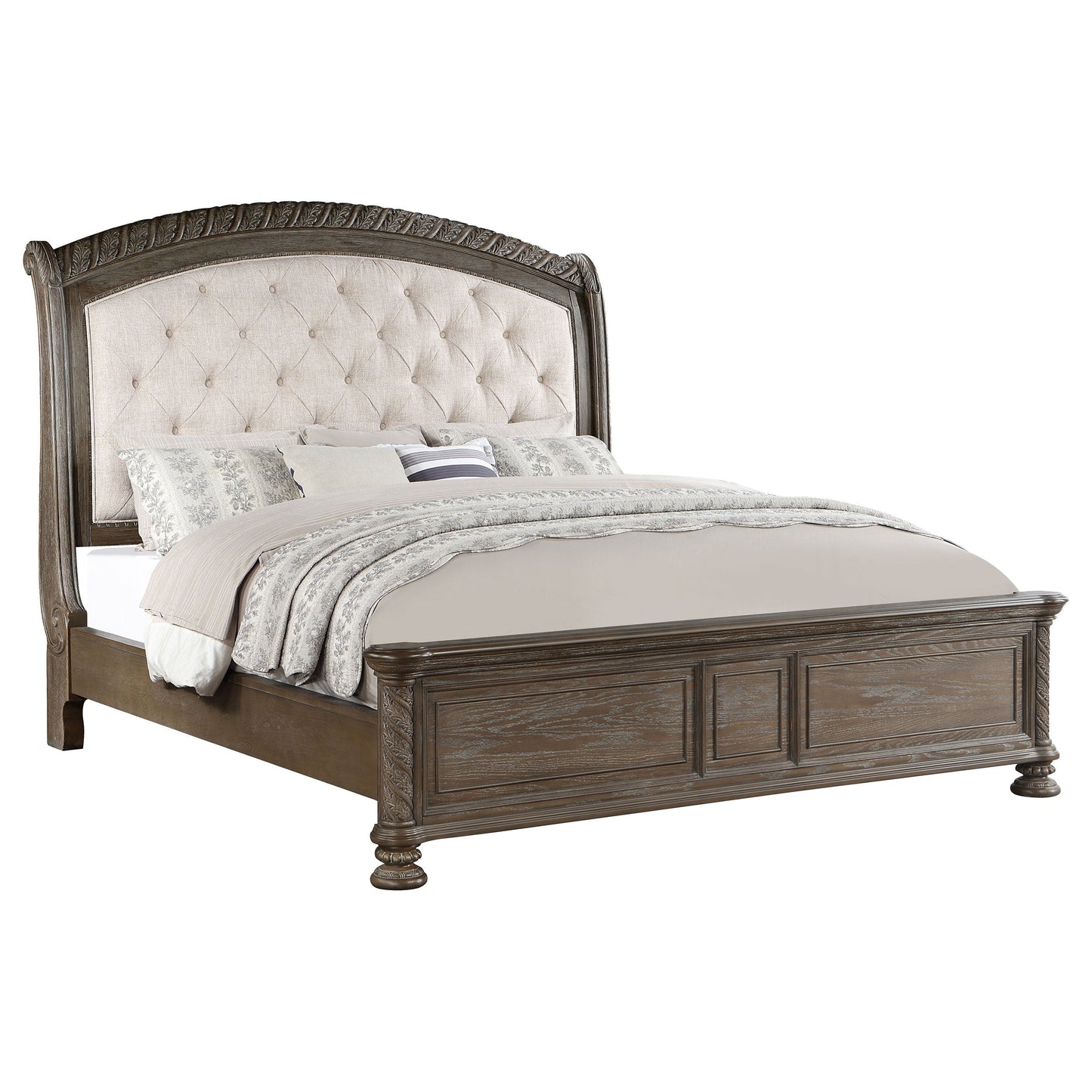 Emmett Tufted Headboard  Panel Bed Walnut and Beige