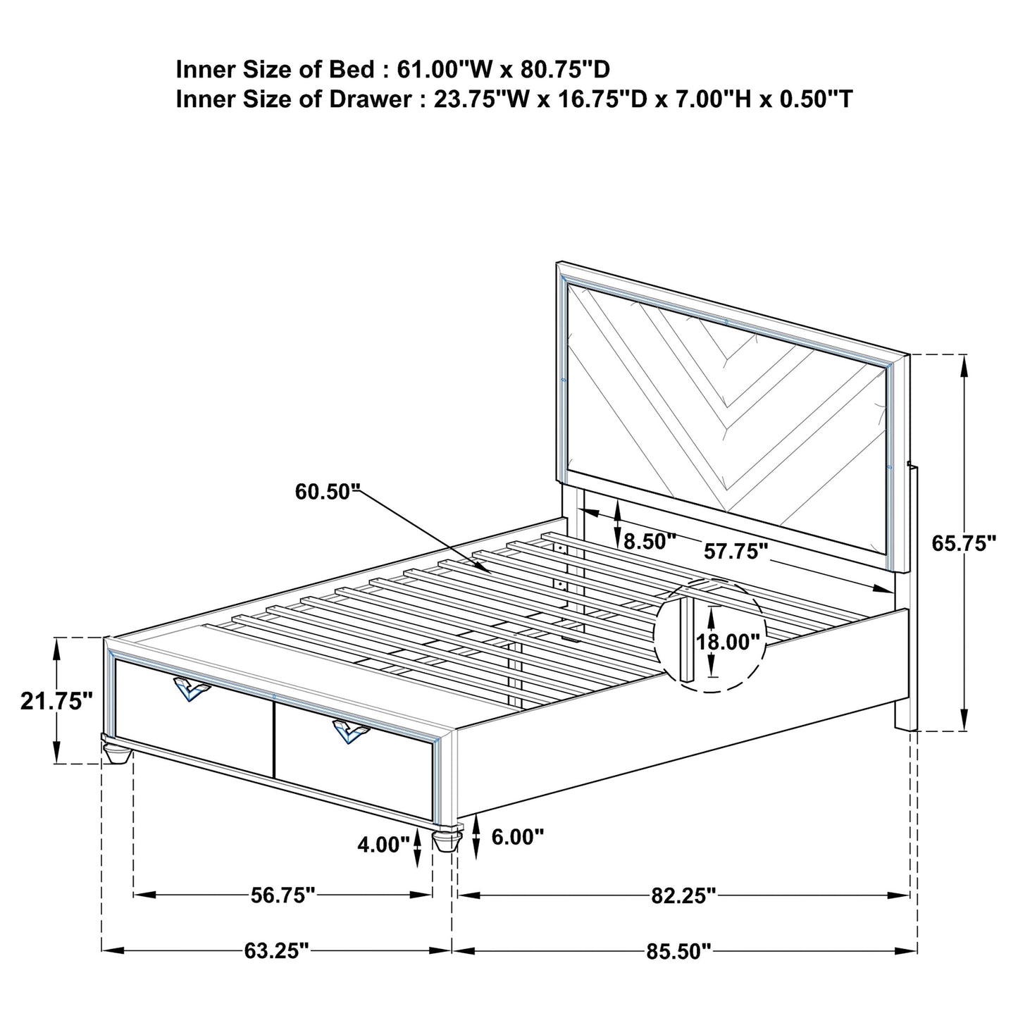 Veronica  Platform Storage Bed with Upholstered LED Headboard Light Silver