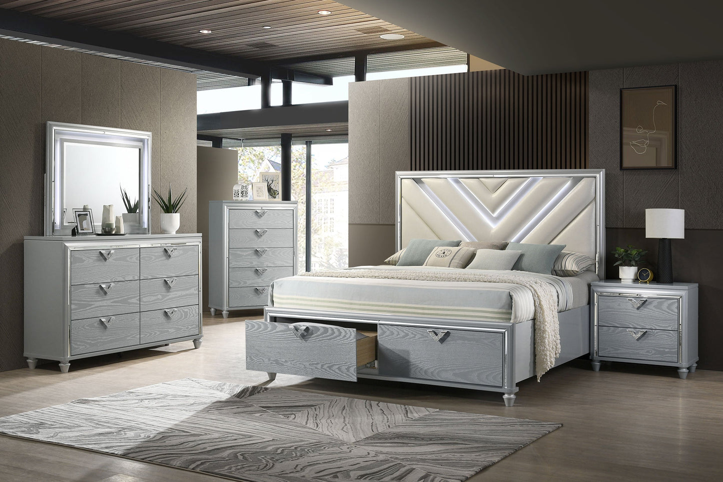 Veronica  Platform Storage Bed with Upholstered LED Headboard Light Silver