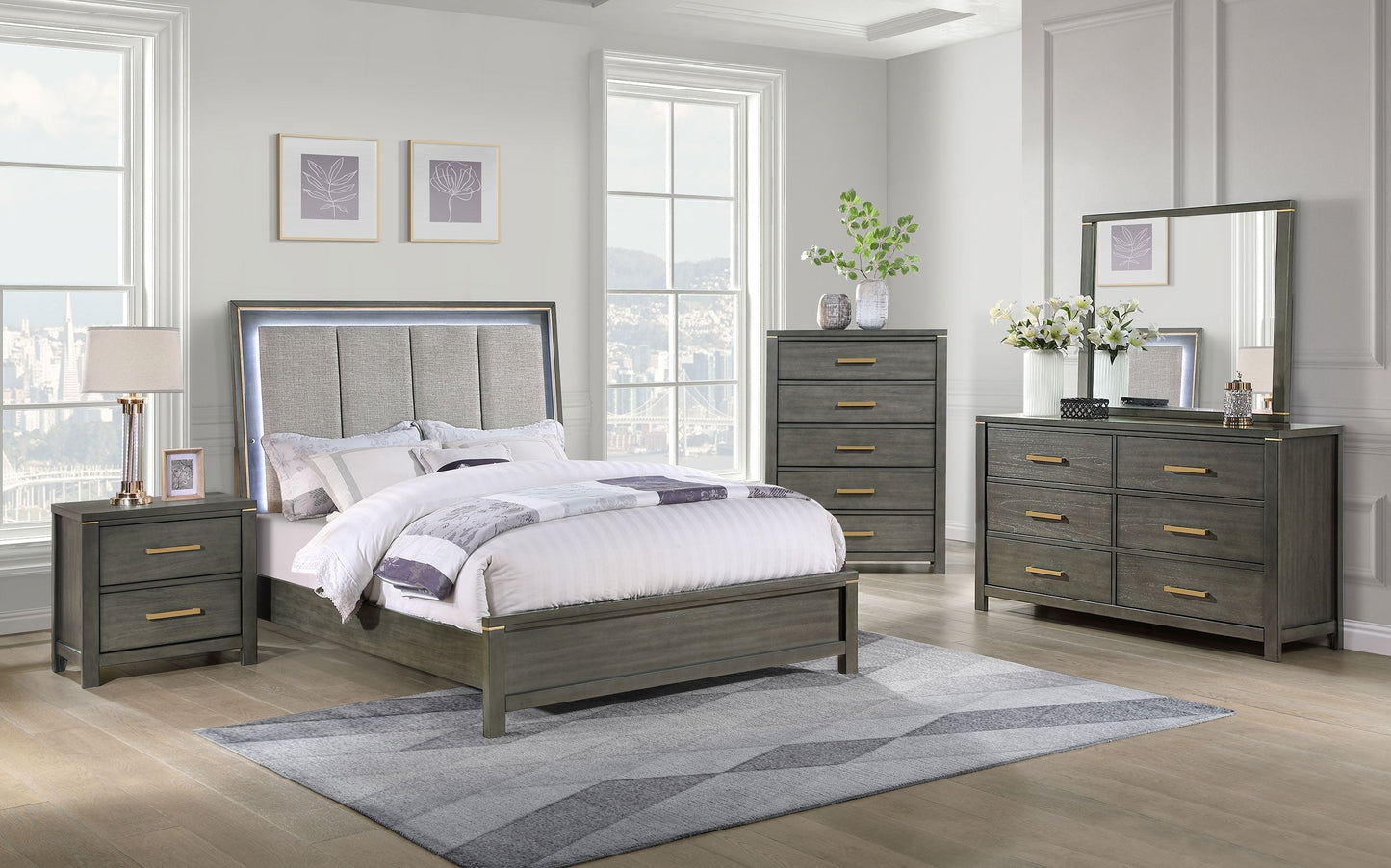 Kieran  Panel Bed with Upholstered LED Headboard Grey