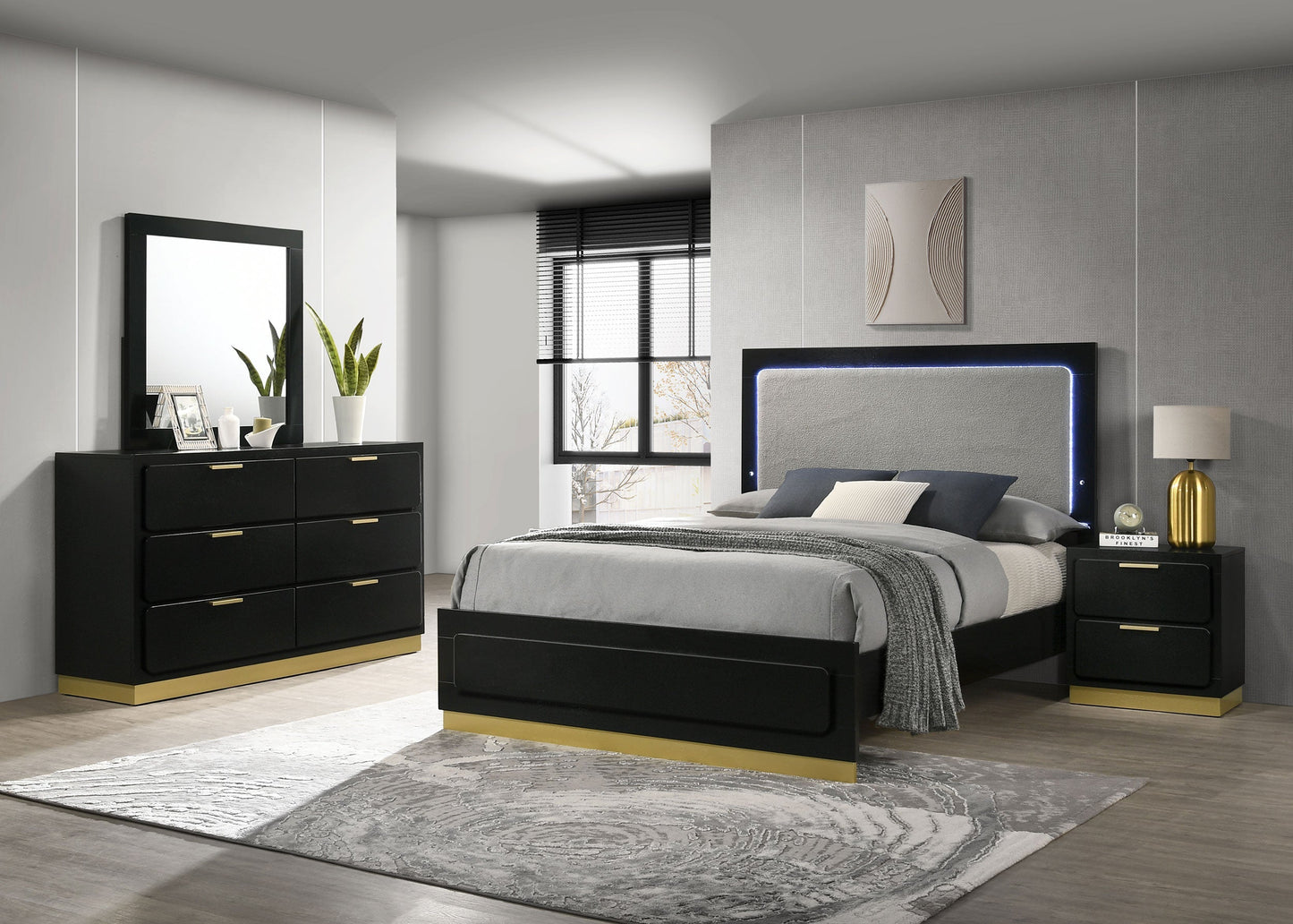 Caraway   Bedroom Set with LED Headboard Black and Grey