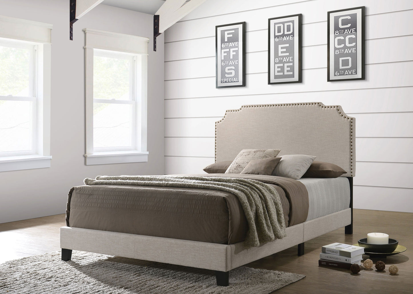 Tamarac Upholstered Nailhead  Bed Beige