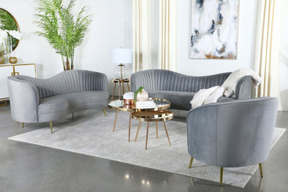 Sophia Upholstered Sofa with Camel Back Grey and Gold