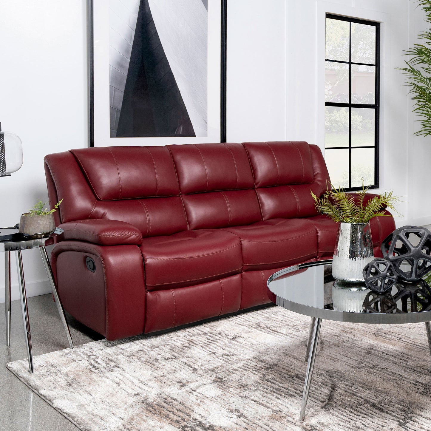 Camila Upholstered Motion Reclining Sofa Red Faux Leather