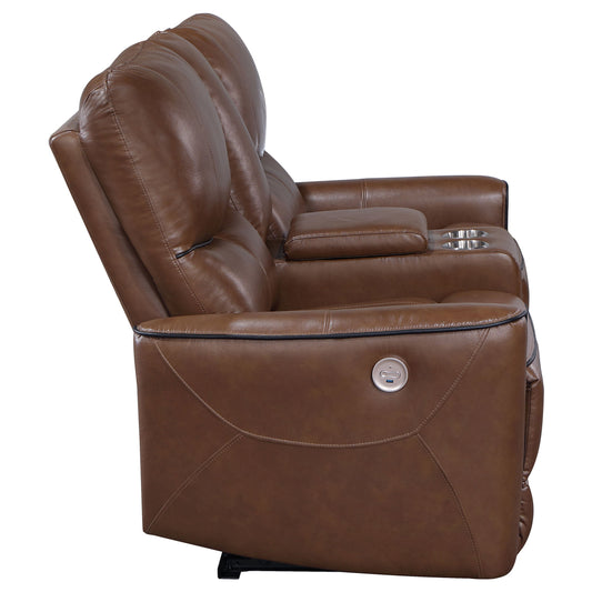 Greenfield Upholstered Power Reclining Loveseat with Console Saddle Brown