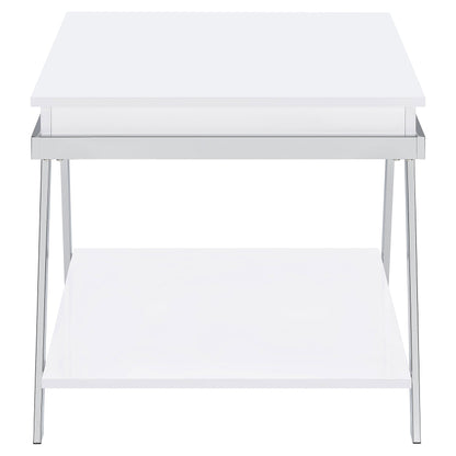 Marcia Wood Rectangular End Table White High Gloss and Chrome