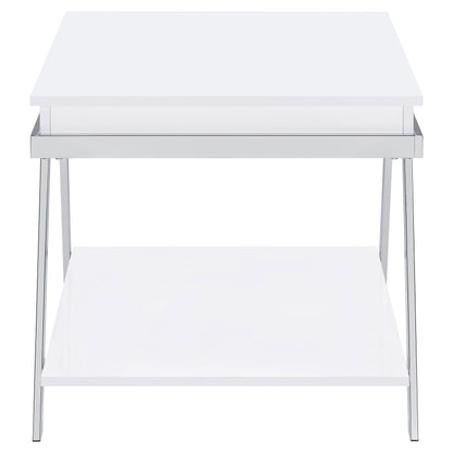 Marcia Wood Rectangular End Table White High Gloss and Chrome