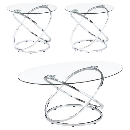 Warren 3-piece Oval Glass Top Coffee Table Set Chrome