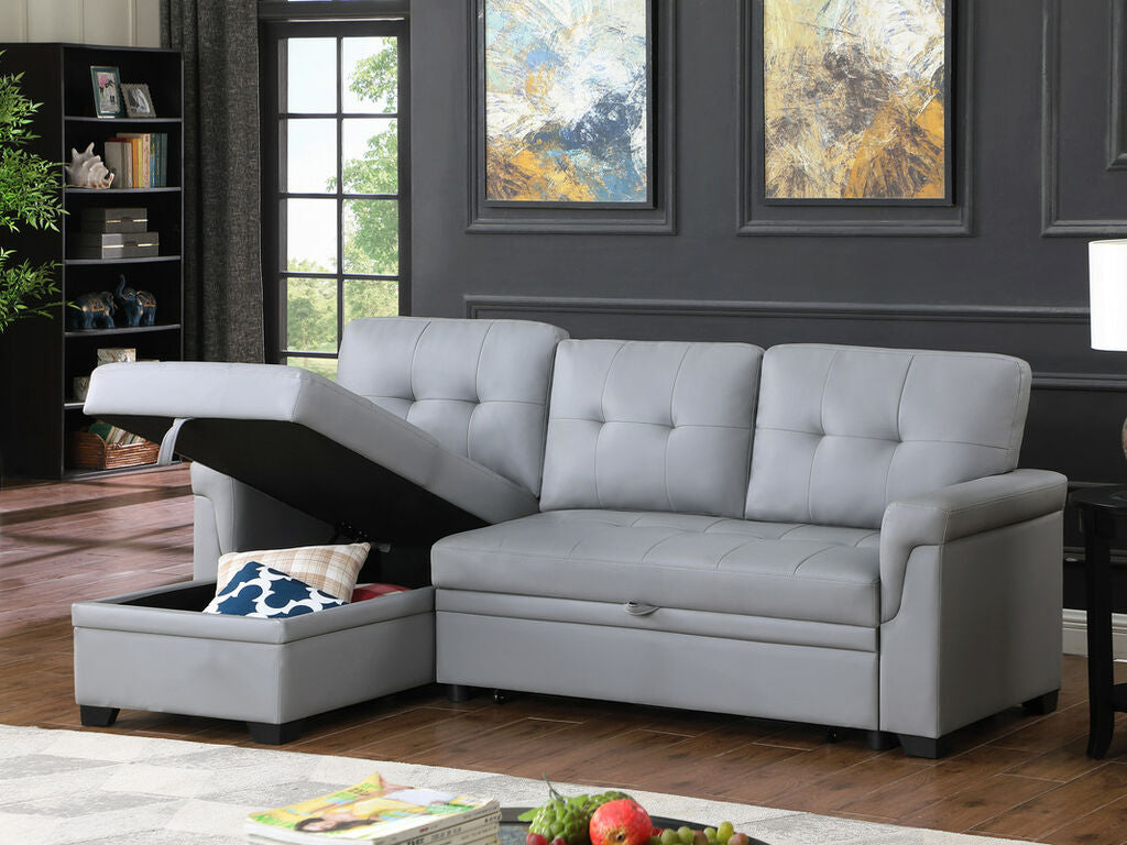 Lexi Vegan Leather Modern Reversible Sleeper Sectional Sofa with Storage Chaise