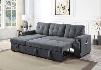 Toby Gray Woven Fabric Reversible Sleeper Sectional Sofa with Storage Chaise Cup Holder USB