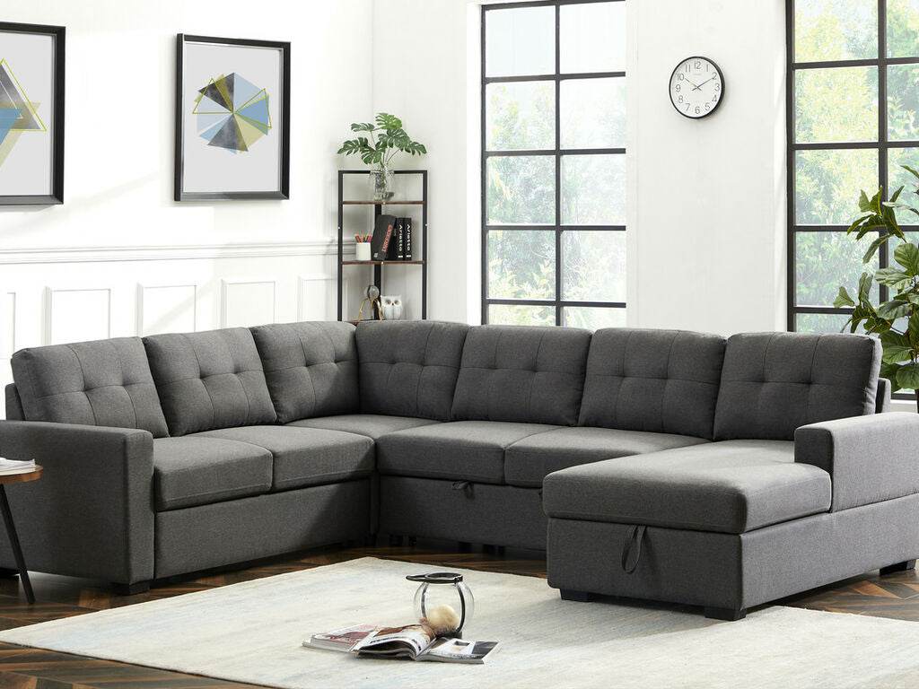 Selene Linen Fabric Sleeper Sectional Sofa with Storage Chaise