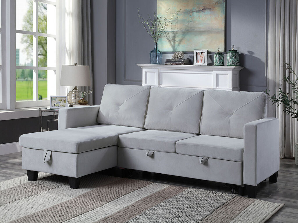 Nova Velvet Reversible Sleeper Sectional Sofa with Storage Chaise
