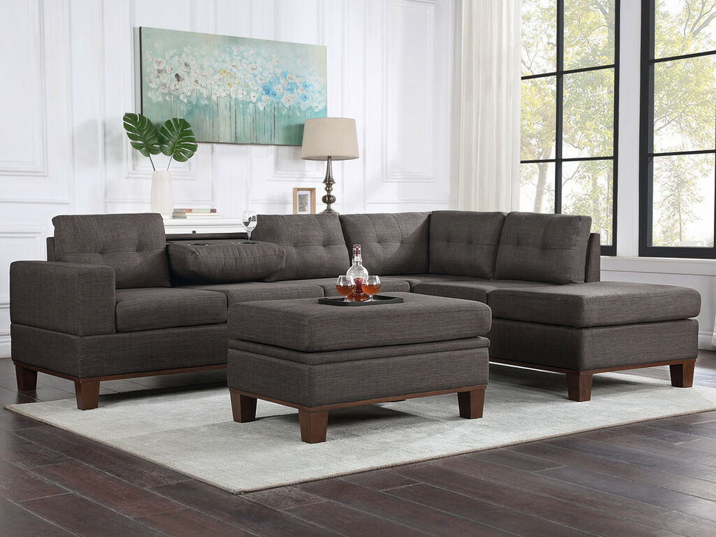 Hilo Fabric Reversible Sectional Sofa with Dropdown Armrest, Cupholder, and Storage Ottoman