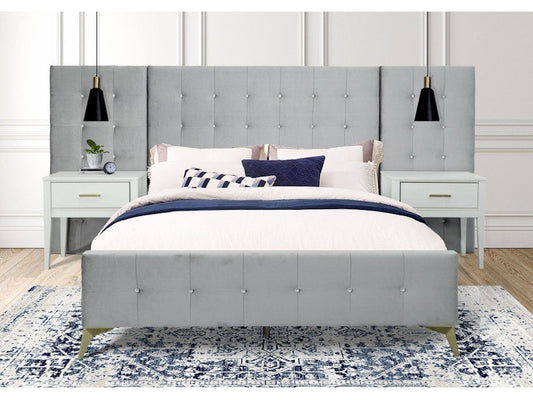 Emma King Bed Silver Grey W/ 2 Nightstands