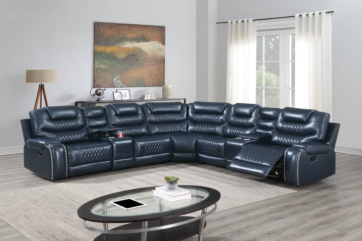 F8720 Manual Motion Sectional Gel Leatherette Navy Blue