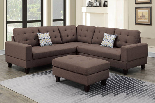 F6471  Dark Coffe 3-Pcs Sectional Sofa W/ 2 Accent Pillow and Ottoman