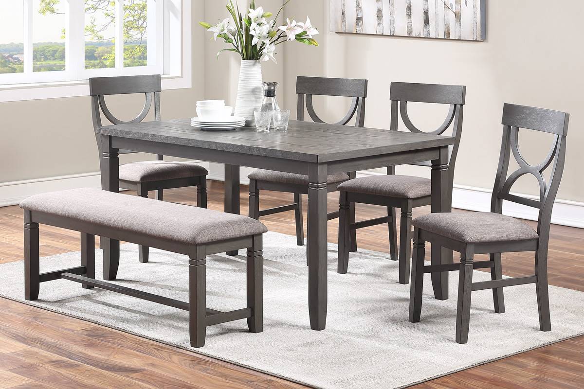 F2563 6-Pcs Dining Set Light Grey ( Table+4 Chairs+Bench)