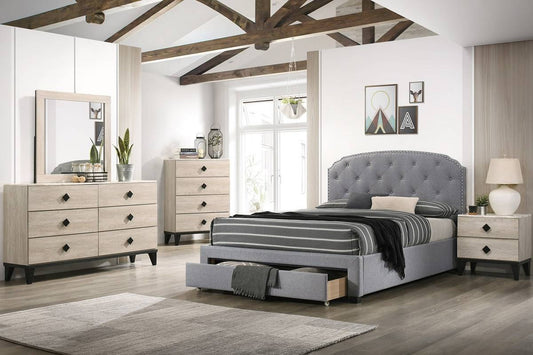 F9510Q Queen Bed W/ Drawer - Light Grey Burlap