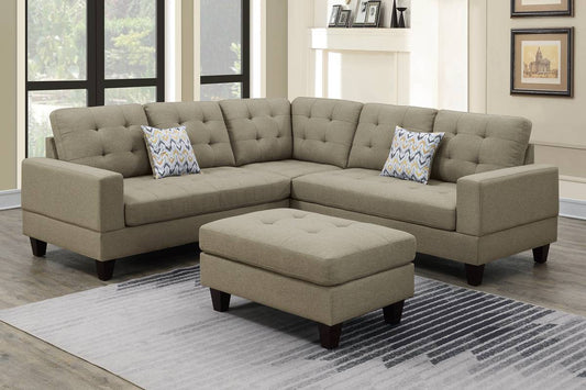 F6473 3-Pc Sectional Sofa W/ 2 Accent Pillow Light Beige (Ottoman included)