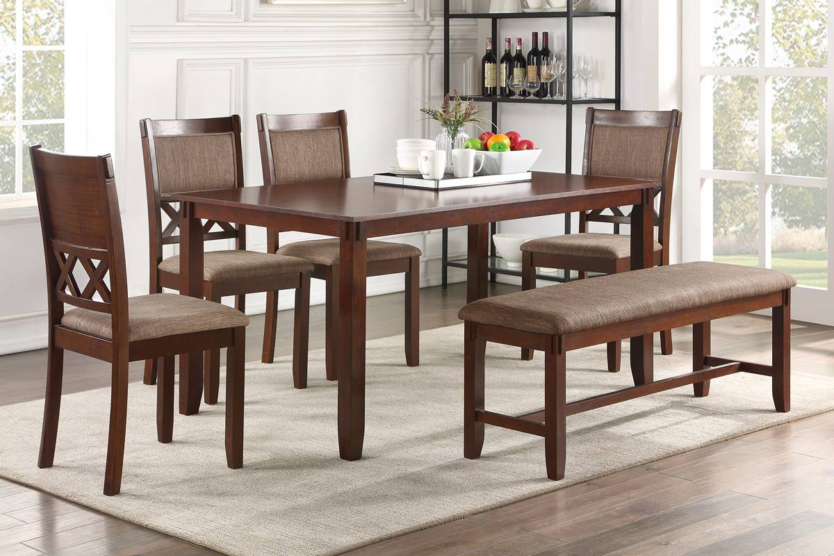 F2611 6-Pcs Dining Set Brown Finish ( Table+4 Chairs+Bench)
